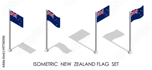 isometric flag of NEW ZEALAND in static position and in motion on flagpole. 3d vector