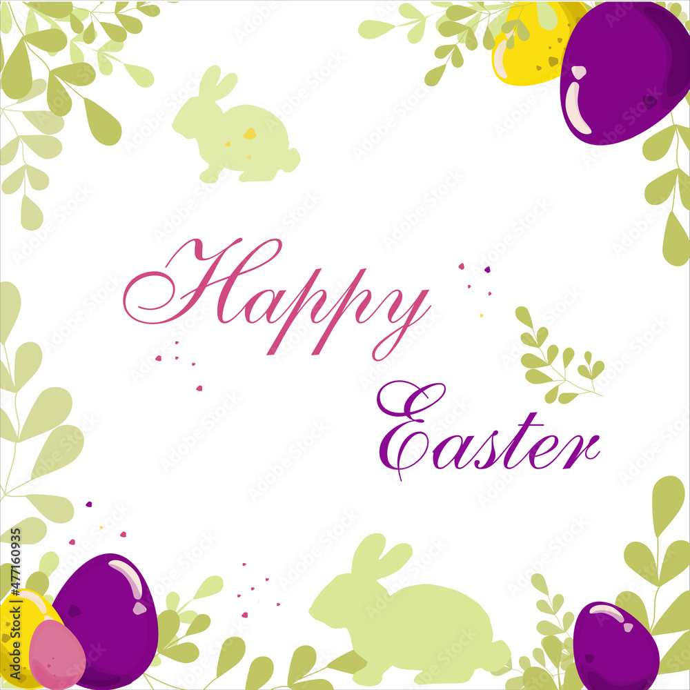 Happy Easter banner, postcard, poster or flyer with Easter eggs sprigs of greenery. Happy Easter inscription.