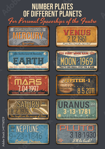 Number Plates of Different Planets for Personal Spaceships from the Future, Vintage Colors, Rusty Frames
