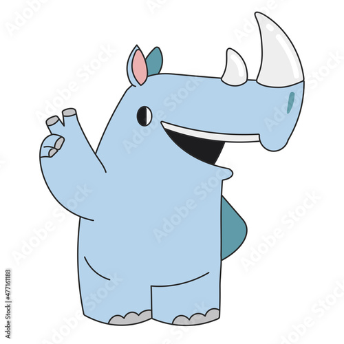 Cute cartoon rhinoceros standing and showing a victory sign. A funny blue rhino smiling and giving the peace sign. Vector clip art illustration in 2D. Hand-drawn simple style.