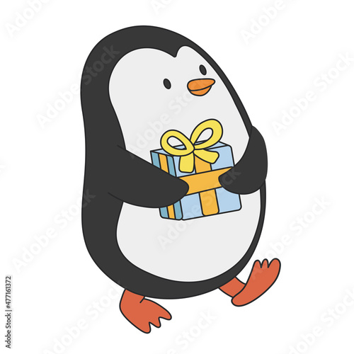 Cute cartoon penguin going aside and carrying present. A funny penguin wants to give a gift to someone. Vector clip art illustration in 2D. Hand-drawn simple style.