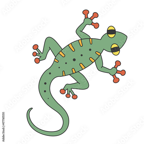 Cute cartoon lizard crawling. A funny green lizard. View from above. Vector clip art illustration in 2D. Hand-drawn simple style.