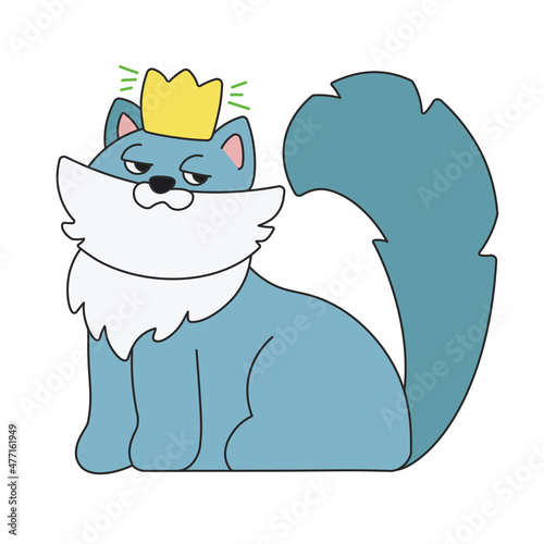 Cute cartoon cat sitting with a crown on the head. A funny blue cat grinning and looking superciliously. Vector clip art illustration in 2D. Hand-drawn simple style. photo