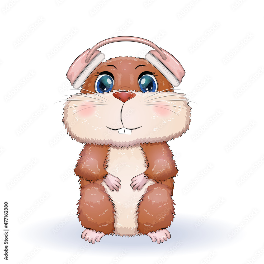 Naklejka premium Cute cartoon character of a hamster wearing headphones and singing a song, funny brown rodent animal pet