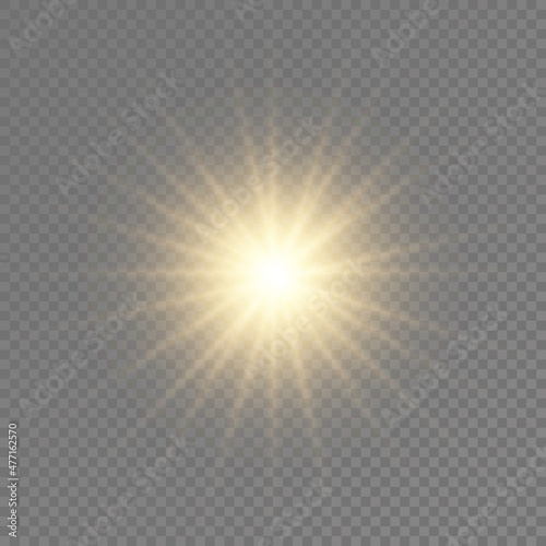 Glow bright light star, yellow sun rays.