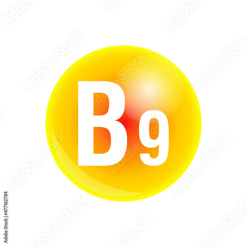 Vitamin b9 and structure. Medicine capsule, Golden substance. 3D Vitamin complex with chemical formula. Personal care and beauty concept. Vector illustration