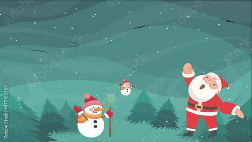Santa Claus is playing with Snowman in the park during Christmas