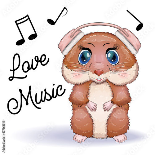 Cute cartoon character of a hamster wearing headphones and singing a song, funny brown rodent animal pet