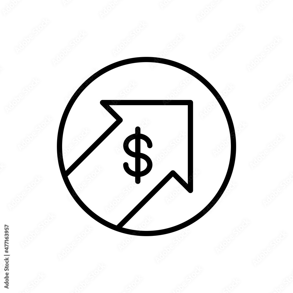 Dollar increases thin line icon: arrow symbol is growing up. Profit is rising, growth of wealth. Modern vector illustration. Dollar increases thin line icon: arrow symbol is growing up. Profit is rising, growth of wealth. Modern vector illustration.