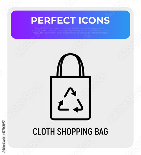Ecobag with recycling sign thin line icon. Modern vector illustration of cloth shopping bag.