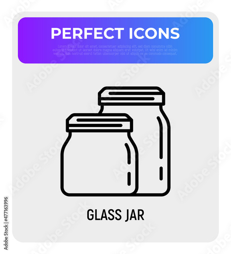 Glass jar thin line icon. Zero waste. Modern vector illustration of kitchen utensil.