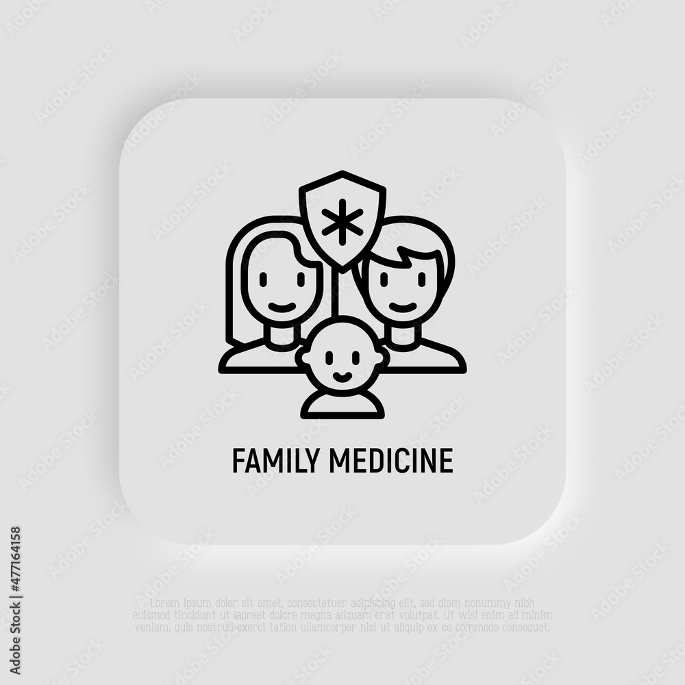 Family insurance thin line icon: mother, father, baby are protected by medical shield. Modern vector illustration.