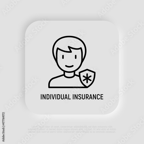 Individual medical insurance thin line icon. Man with medical shield. Modern vector illustration.