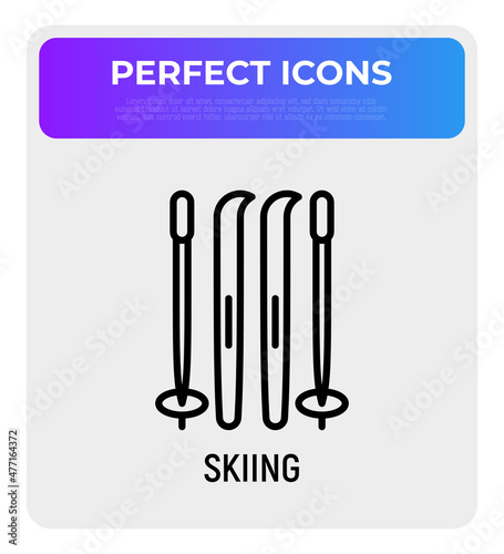 Skiing thin line icon. Modern vector illustration of winter sport equipment.