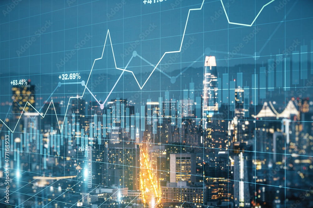 Abstract virtual financial graph hologram on San Francisco skyline background, forex and investment concept. Multiexposure Abstract virtual financial graph hologram on San Francisco skyline background, forex and investment concept. Multiexposure