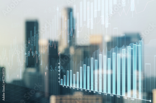 Multi exposure of virtual abstract financial graph interface on blurry skyscrapers background, financial and trading concept