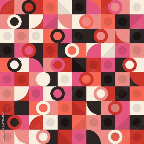 Multicolored pink-red texture from circles and squares. A mosaic pattern of tiles brightened up with an abstract geometric shape.