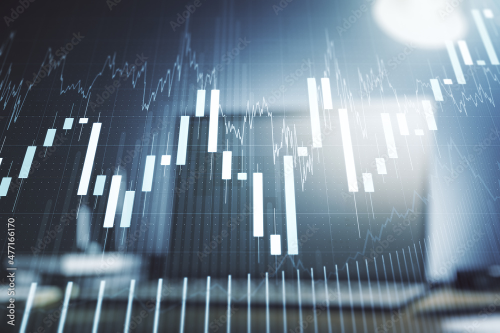 Multi exposure of abstract financial graph on laptop background, financial and trading concept Multi exposure of abstract financial graph on laptop background, financial and trading concept