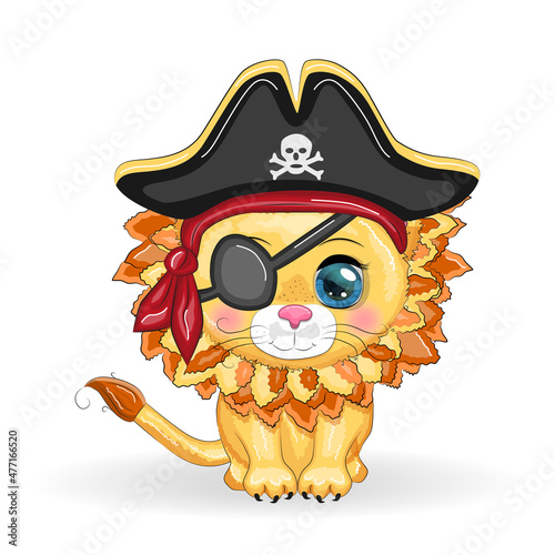 Lion pirate, cartoon character of the game, wild animal cat in a bandana and a cocked hat with a skull, with an eye patch. Character with bright eyes