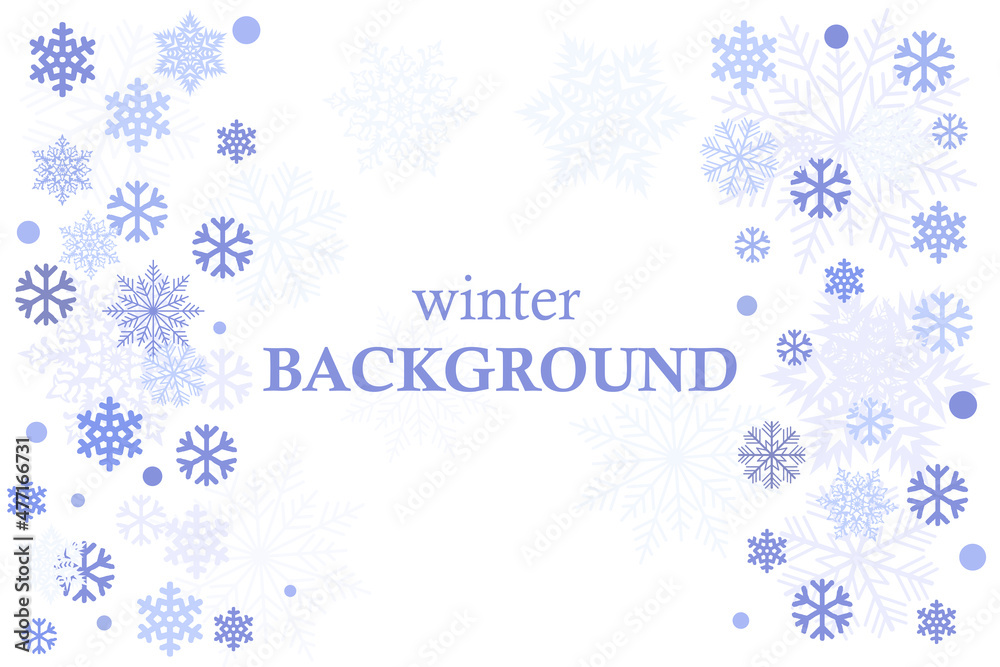 Winter background with snowflakes horizontal, background with winter snow and free space for text, logo, photo, pattern for decorating pages, sketchbook, notebooks, books, posters, banner, etc., holid