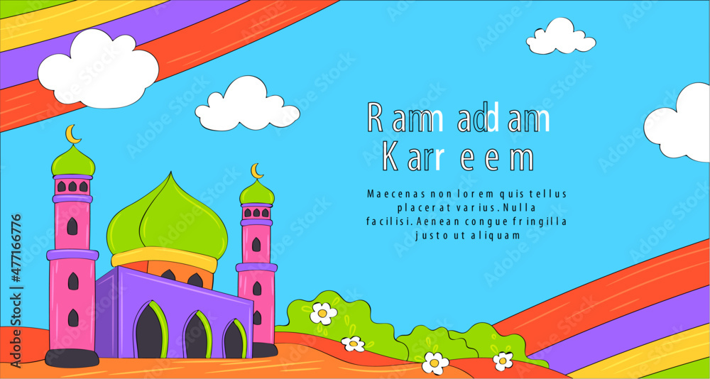 Hand Drawn Flat Eid Mubarak banner with cartoon style