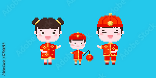 Pixel art cute family characters in lunar celebration costumes with baby icon. Vector 8 bit style illustration of pixel Chinese new year characters with child. Cute element of retro game graphic.