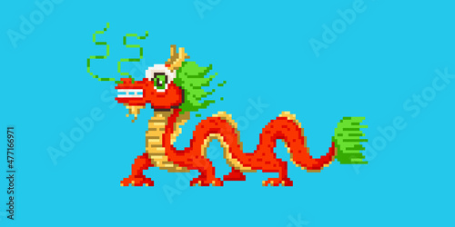 Pixel art chinese dragon icon. Vector 8 bit style illustration of asian traditional dragon. Isolated red and gold holiday decorative element for retro video game computer graphic.
