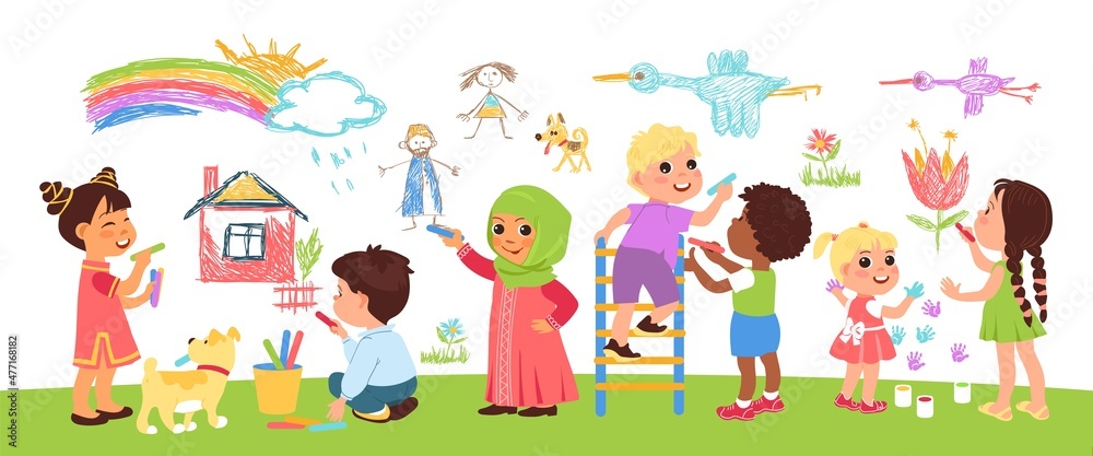 Children joint art. Happy little kids draw together on wall, cute young artist, boys and girls with colored crayons, paints and markers, little painters characters, vector concept