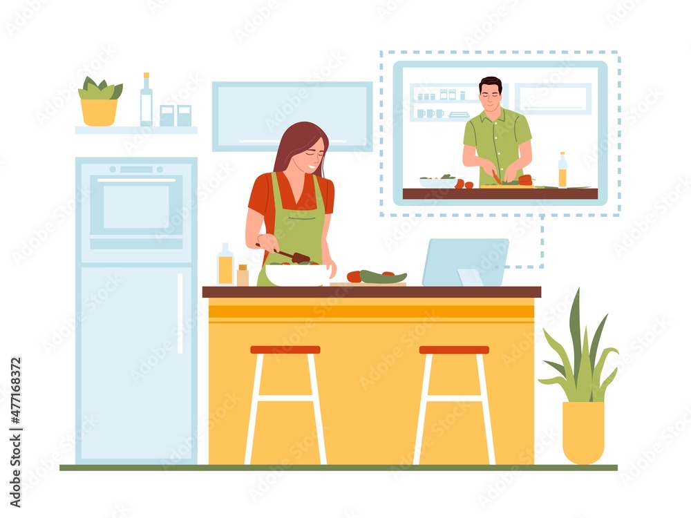 Video recipe cooking. Housewife watching culinary movie on laptop in tasty meal preparation process, woman in home kitchen, educational online webinar, vector isolated concept