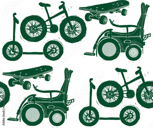 Vector EPS10 seamless pattern Summer Wheels Adventure. Imitation of the grunge block printing. A bike, a scooter, a skateboard, a wheelchair. Teamwork and inclusivity in the active everyday life.