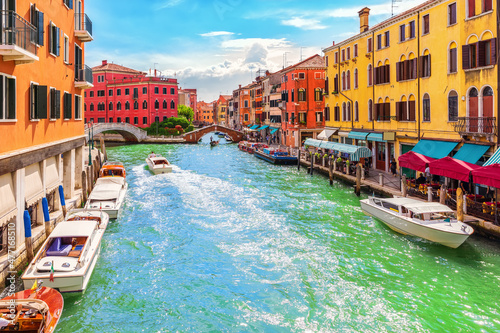 Grand Canal, bridges and colorful houses of Venice, Italy