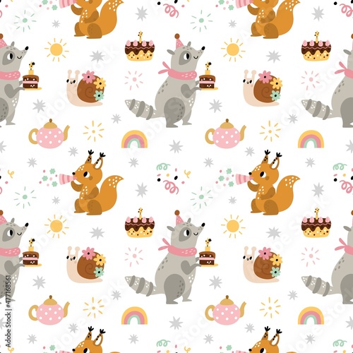 Fototapeta Naklejka Na Ścianę i Meble -  Seamless animals birthday pattern. Cute forest characters with kids party elements, racoon with cake, squirrel and pipe, funny snail. Decor textile, wrapping paper wallpaper, vector print