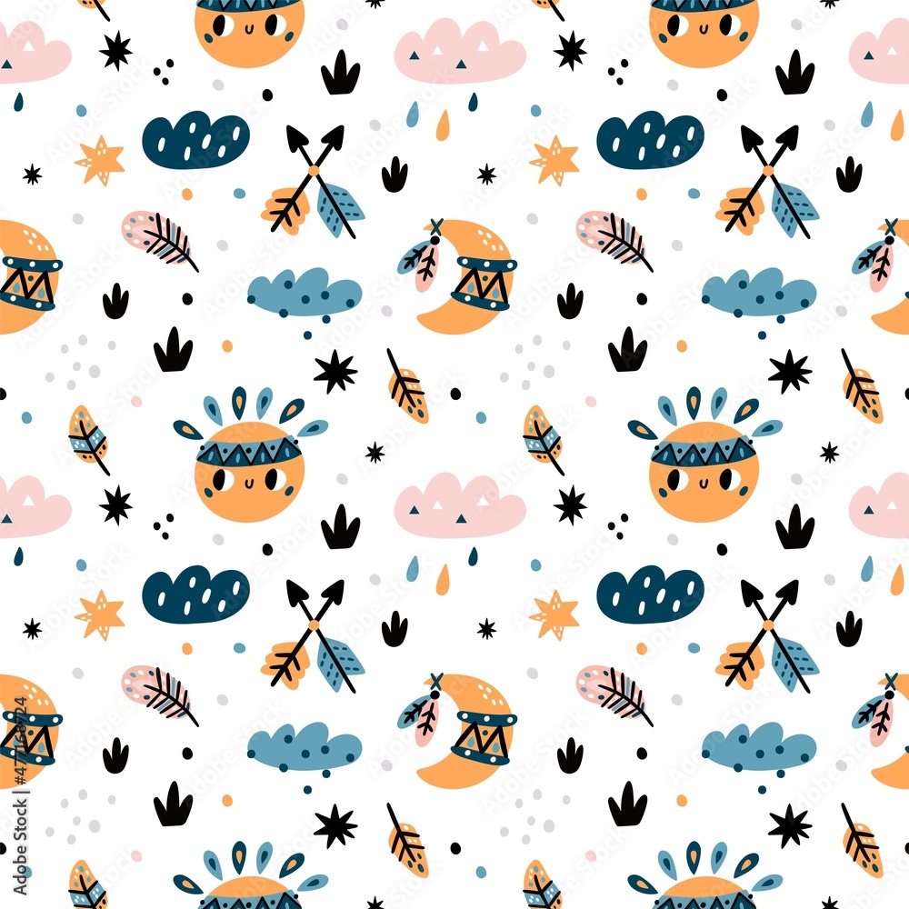 Cute indian elements seamless pattern. Funny baby objects in scandinavian style, kids motifs, cartoon characters, sun and moon, arrows and feathers, weather background. Vector print