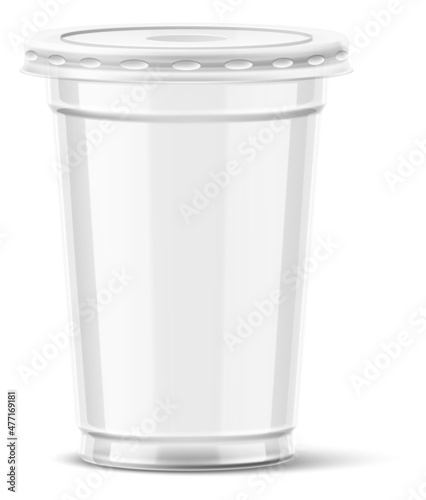 Empty clear plastic cup with lid. Realistic mockup of disposable container
