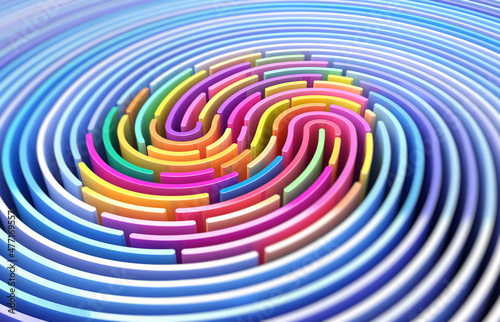 3D render abstract background of stylized fingerprint of smooth lines of spline gradient multicolor waves with dof