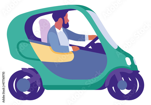 Man driving green mini car. Electric eco transport