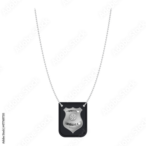 Police badge shield star sheriff cop crest emblem or symbol motif with a chain and leather