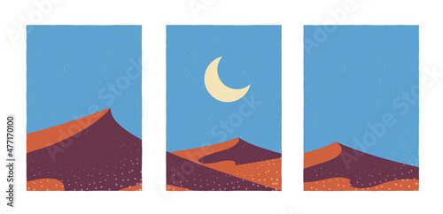 Triptych. Desert landscape. Sand dunes and the moon on the horizon. Vector illustration of nature.