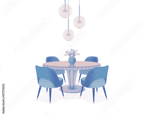 Four modern, curved chairs give the dining room a contemporary look. Blue upholstery on the chairs brings a subtle touch of color and gives the room a more pleasant, inviting tone. 