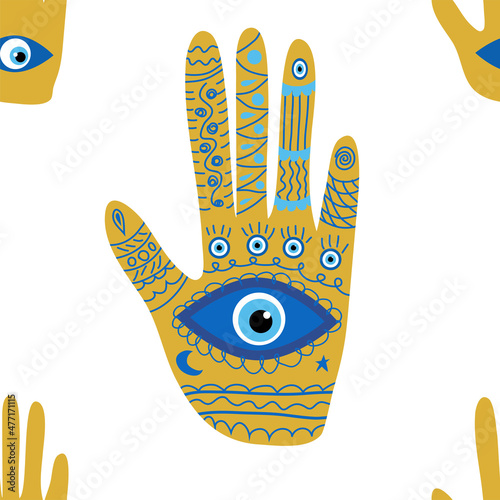 doodle seamless pattern Hamsa eye, magical eye, decor element. Pink, green, golden eyes. Fabric textile