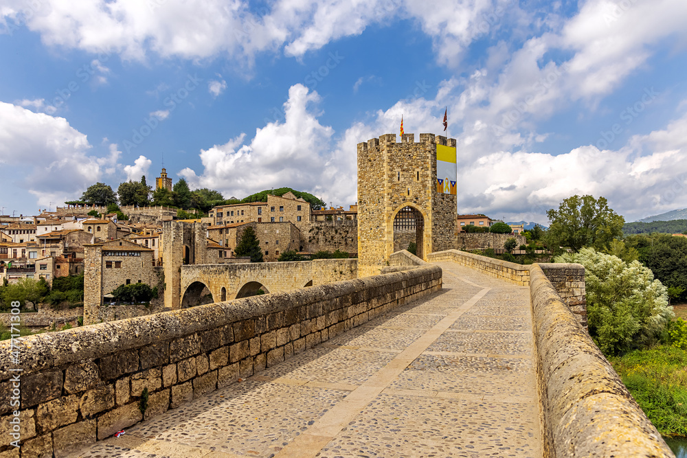 Besalu, Spain, ancient Roman bridge over the river, entrance tower