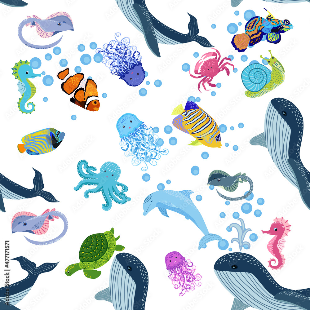 Marine life, fish, animals bright seamless pattern. sea travel, underwater diving animal tropical fish. Jellyfish, whale, shark, seahorse, clown fish, dolphin, turtle, emperor Marine life, fish, animals bright seamless pattern. sea travel, underwater diving animal tropical fish. Jellyfish, whale, shark, seahorse, clown fish, dolphin, turtle, emperor