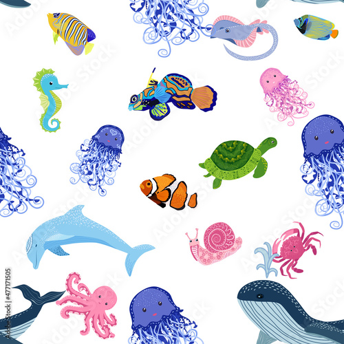 Marine life, fish, animals bright seamless pattern. sea travel, underwater diving animal tropical fish. Jellyfish, whale, shark, seahorse, clown fish, dolphin, turtle, emperor