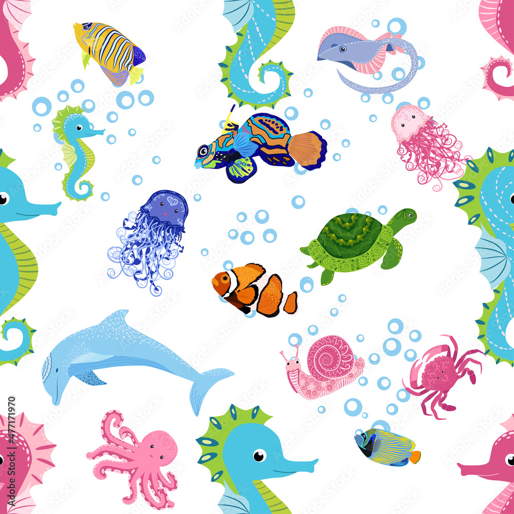 Obraz premium Marine life, fish, animals bright seamless pattern. sea travel, underwater diving animal tropical fish. Jellyfish, whale, shark, seahorse, clown fish, dolphin, turtle, emperor