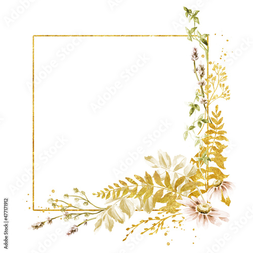 Wild  grasses and wildflowers  frame . Summer  rural  composition,  bouquet,  decor  concept.  Hand  drawn watercolor  illustration  isolated on white background