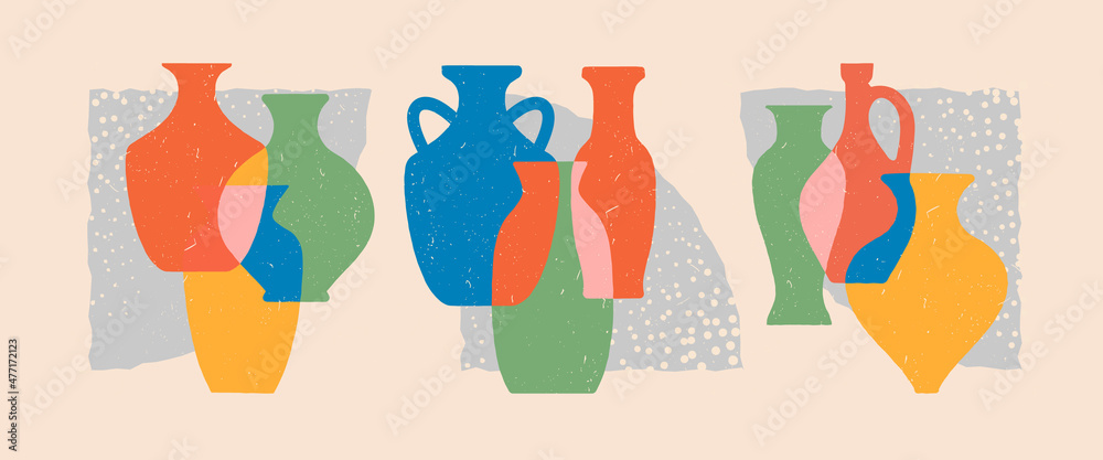 Ceramic vases. Different shapes colored layered silhouettes. Antique ancient ceramics. Vector illustrations. - obrazy, fototapety, plakaty 