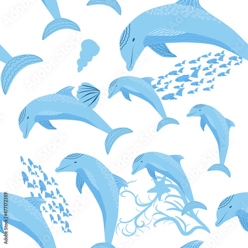 Dolphin, sea inhabitants seamless pattern, beautiful character among seashells, algae, starfish, marine wildlife