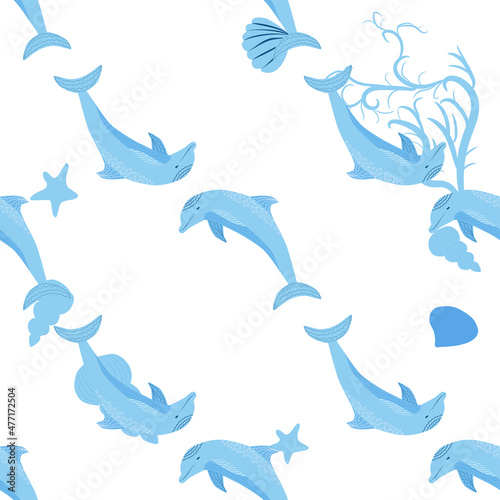 Dolphin, sea inhabitants seamless pattern, beautiful character among seashells, algae, starfish, marine wildlife