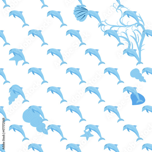 Dolphin  sea inhabitants seamless pattern  beautiful character among seashells  algae  starfish  marine wildlife