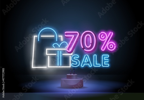 Vector realistic isolated neon sign of Neon Sale Discount 70 Percent logo for template decoration on the wall background. Concept of Black Friday and winter holidays.